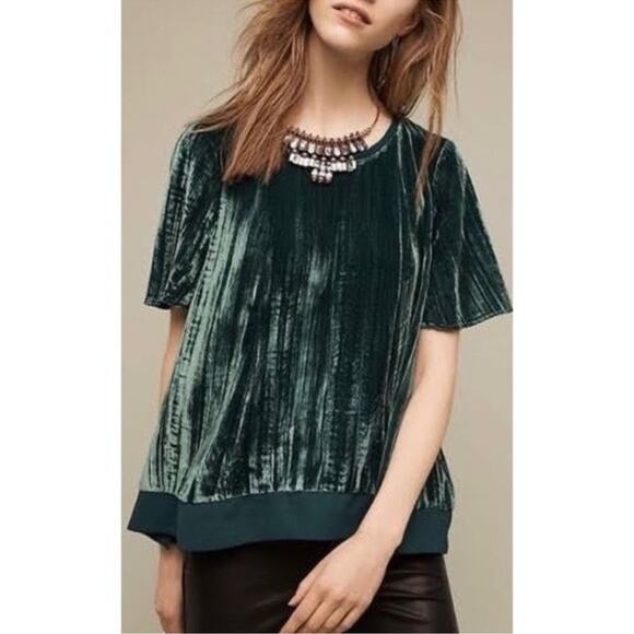 Anthropologie Maeve Emerald Green Velvet Chiffon Mesh Floaty Blouse XS - Picture 2 of 7